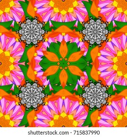 Watercolor hand painting of abstract orange, pink and green flowers, seamless pattern vector background.