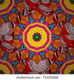 Watercolor hand painting of abstract red, orange, yellow and pink flowers, seamless pattern vector background.