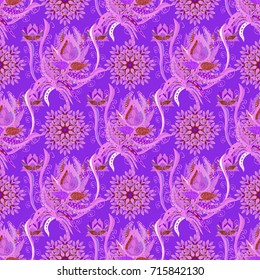 Watercolor hand painting of abstract violet, pink and neutral flowers, seamless pattern vector background.