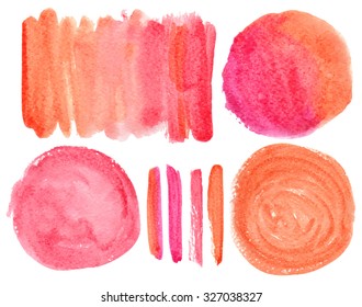 Watercolor hand painting art texture, splash background,design elements,brushes.Isolated Vector template.Vintage soft colors: Orange,pink.Beautiful Artistic blur stains.For card,backdrop