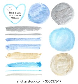 Watercolor hand painting art texture,brushes,splash background,circle design elements.Isolated Vector template.Cyan,gold,gray colors.Beautiful Artistic blur stains.For card,backdrop,invitation