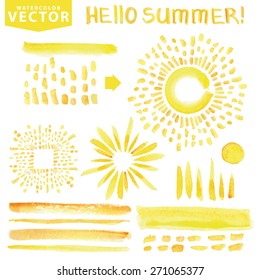 Watercolor hand painting brushes,lettering hello summer,burst,rays,sun shine set,sunburst,ray.Watercolor Yellow.Warm ,Bright design template.Vintage vector background.Holiday,vacation artistic texture