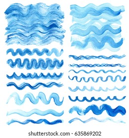 Watercolor hand painting brushes,textures.Stains,drops spot,blue wavy lines,cyan color borders.Vector Bright design template.Vintage blur,summer background.Holiday,vacation artistic texture,sea ,water