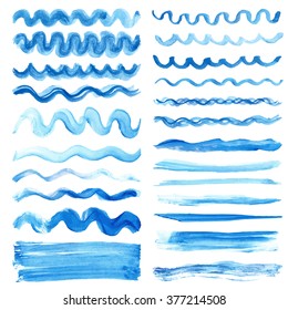 Watercolor hand painting brushes,textures.Summer.Stains,drop spot,blue wavy lines,cyan borders set.Vector watercolor design template.Blur,summer background.Holiday,vacation artistic texture,sea ,water
