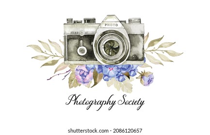 watercolor hand painting, watercolor camera logo. camera and flowers maroon orange watercolor illustration