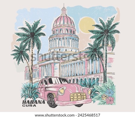 Watercolor hand painting city sketch. Cuba Havana graphic t shirt print design. Cuba typography print with sun, car. Vintage poster artwork. Palm tree with building.