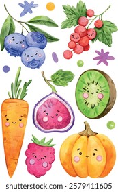 Aquarela mão pintando frutas e bagas conjunto. Ilustração isolada em fundo branco. Abóbora, cenoura, kiwi, framboesas, mirtilos. Use-o para cartões, convites e scrapbooking.