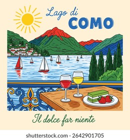 Watercolor hand painting itali sketch. beach graphic t shirt print design. Beach paradise resort. Endless summer artwork. Lago di como italian words typograpy t shirt. Food print t-shirt design.