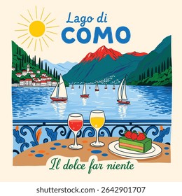 Watercolor hand painting itali sketch. beach graphic t shirt print design. Beach paradise resort. Endless summer artwork. Lago di como italian words typograpy t shirt. Food print t-shirt design.