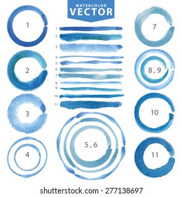 Watercolor Hand Painting Stain Circle,line Brushes Set.Summer Blue,cyan Color.Watercolor Brush Design Template.Vintage Blur Vector,summer Background.Holiday,vacation Artistic Texture,water Stamp,frame