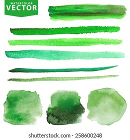 Watercolor hand painting stains and brushes set,design elements. Organic,bio,ecology natural design template.Vintage vector background,green colors