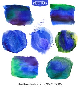 Watercolor hand painting stains,spot,design elements. Bright design template.Vintage vector background.Cool colors,blue,sea and watter element.