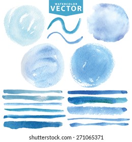 Watercolor hand painting stains,spot,line brushes set.Vector watercolor summer,blue,cyan,color.Design template.Vintage blur vector,summer background.Holiday,vacation artistic texture,sea,water,sky