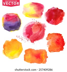 Watercolor hand painting  texture ,stains,splash,spot,design elements. Summer vector.Bright design template.Vintage holiday background.Warm sunny colors : Orange,red,magenta.Artistic design elements