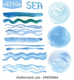 Watercolor hand painting texture stains,splash,wavy brushes set.Blue,cyan,color .Design template.Vintage blur vector,summer background.Holiday,vacation ,artistic  sea wave,water,sky