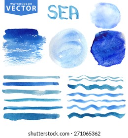 Watercolor hand painting textures stains,spot,wavy brush set.Summer blue,cyan,color.Bright  watercolor design element.Vintage blur vector,summer background.Holiday,vacation artistic sea wave,water,sky