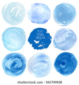 Watercolor hand painting textures.Blue watercolor Stains,spot,circle splashes set. Blue,cyan,color design template.Vintage blur vector,summer background.Holiday,vacation artistic texture,sea,water,sky