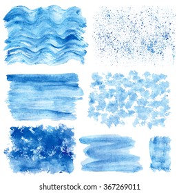 Watercolor hand painting textures.Blue vector Stains,spot drops,splashes set. Cyan,color.Summer design template.Vintage blur vector,summer background.Holiday,vacation artistic texture,sea ,water,sky