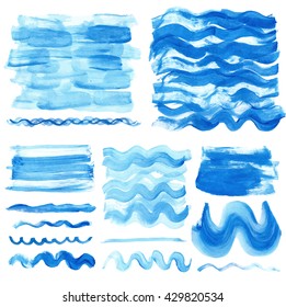 Watercolor hand painting textures.Stains,drops spot,blue wavy brushes,cyan color borders set.Vector Bright design template.Vintage blur,summer background.Holiday,vacation artistic texture,sea ,water