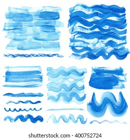 Watercolor hand painting texture.Stains,drops spot,blue wavy brushes,cyan color border set.Vector Watercolor design template.Blur,summer background.Holiday,vacation vacation artistic texture,sea,water