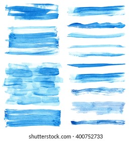 Watercolor hand painting texture.Stains,drops spot,blue wavy brushes,cyan color border set.Vector Watercolor design template.Blur,summer background.Holiday,vacation vacation artistic texture,sea,water