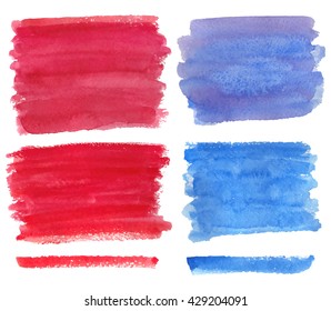 Watercolor hand painting textures.Vector isolated Stains,drops spot,Brushes.Blue, red colors.Vector Bright backgrounds.
