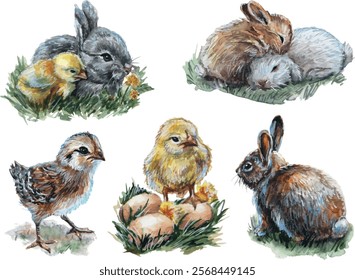 Watercolor hand painting vector set. Illustration isolated on white background. Easter, bunny, chicken, eggs, nature. Use it for cards, invitations and scrapbooking.