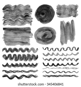 Watercolor hand painting wavy textures.Stains,drops spot,line brushes,borders set. Grey,black color.Bright design template.Blur vector background.Graphics, monochrome artistic textures,muck,dirt