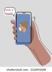 Watercolor hand with smartphone. Hand with smartphone and speech bubble: wear a mask. Logo girl in the mask. Hand holding smartphone. Flat illustration.