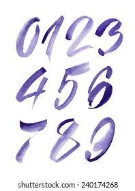 Watercolor Hand Written Purple Numbers, Calligraphy, Vector.