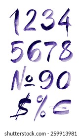 Watercolor hand written purple numbers, calligraphy, vector watercolor.