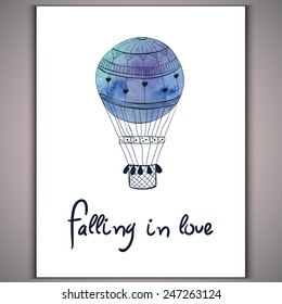 Watercolor hand-drawn aerostat on white background and inscription falling in love Vector eps 10