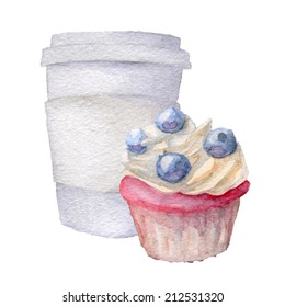 Watercolor handdrawn cupcake and coffee isolated on white. Vector eps10