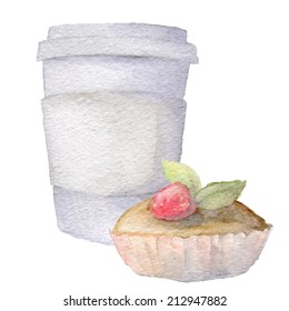 Watercolor handdrawn cupcake and coffee isolated on white. Vector eps10