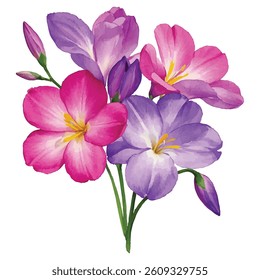 watercolor hand-drawn freesia flower bouquet on a white background