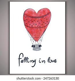 Watercolor hand-drawn red heart aerostat on white background and inscription falling in love Vector eps 10