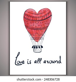 Watercolor hand-drawn red heart aerostat with spots on white background and inscription falling in love Vector eps 10