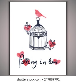 Watercolor hand-drawn red heart, bird on the birdcage on white background and inscription falling in love Vector eps 10