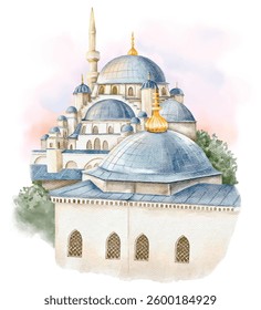 watercolor hand-drawn sketch of Aya Sofya (Hagia Sophia) in Istanbul, Turkey, vibrant tulips and a breathtaking sunset. Perfect for postcards, travel guides, wall art, or tourism advertisements