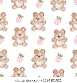 Watercolor hand-drawn teddy bears with cute strawberry seamless kids pattern background