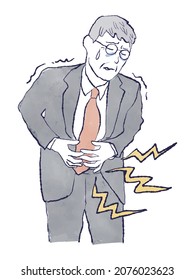 Watercolor Hand-drawn Upper Body Illustration Of An Elderly Japanese Businessman Suffering From Abdominal Pain. One Asian Man In A Suit In His 60s, Suffering From Stress, Illness And Stomach Pain