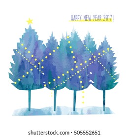 Watercolor Hand-drawn Vector Illustration With Trees, String Of Lights And ?ongratulation - Happy New Year 2017. Useful For Banners, Invitation And Another Card Design.