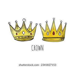 Watercolor hand-drawn yellow crowns with different shape doodle cartoon vector.