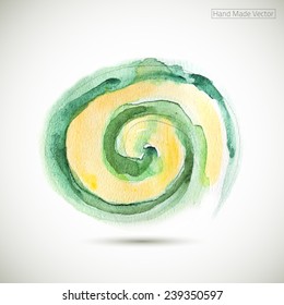 Watercolor handmade background. Vector mark. Colorful blot. Light, green and yellow spot. Colorful spiral. Vector blurry stamp. Hand draw.