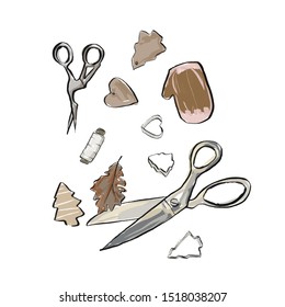Watercolor Handmade items - scissors. skein of thread. Cookies in the shape of a Christmas tree, mittens and iron baking dishes. 