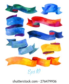 Watercolor handmade ribbons and banners for text.  Paint stain watercolor vintage ribbons set. Vector hand drawn isolated objects for romantic design