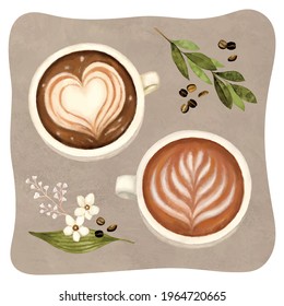 Watercolor Hand-painted Illustrations Of Coffee, Latte Art And Cafe