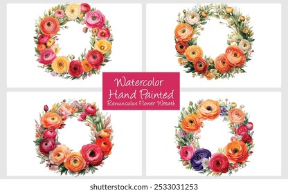 watercolor hand-painted Ranunculus flower wreath