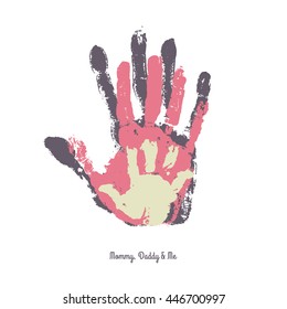 Watercolor handprint of family. Mom, dad and me vector illustration. Handprint of man, woman and child. 