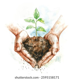 Watercolor Hands Holding Seedling – Symbol of Growth and Nature